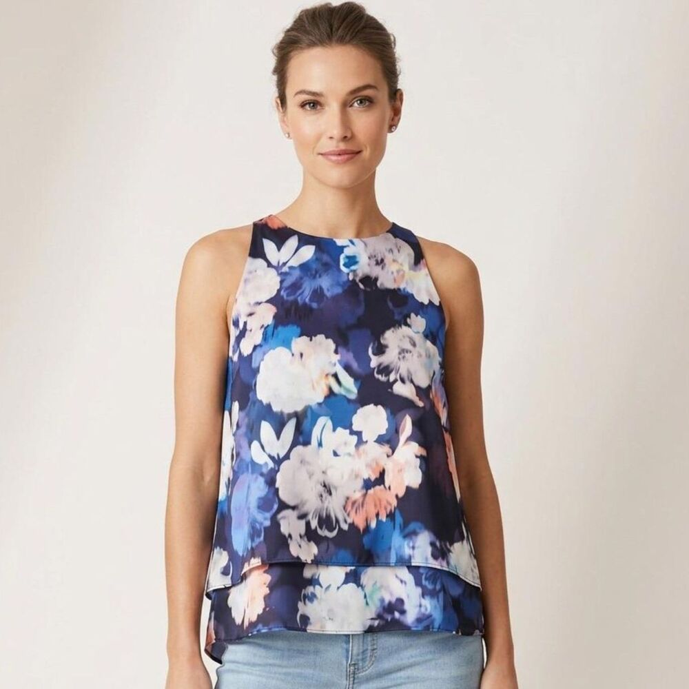 Saint Tropez West Floral Halter Top Size Small Navy Blue Pink Boho High-Low